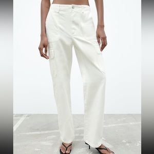 NWT Zara TRF High Rise Straight Cargo Pants oyster white